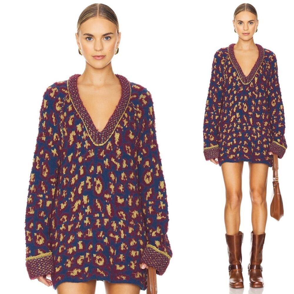 Free People Leopard Little Animal Pullover Crew Neck Sweater Blue Fig Combo XS